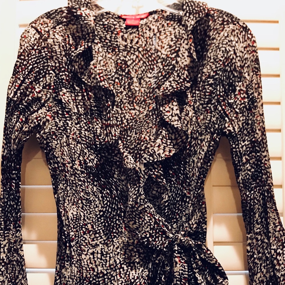 Sunny Leigh Black/White/Red Ruffle Wrap Blouse